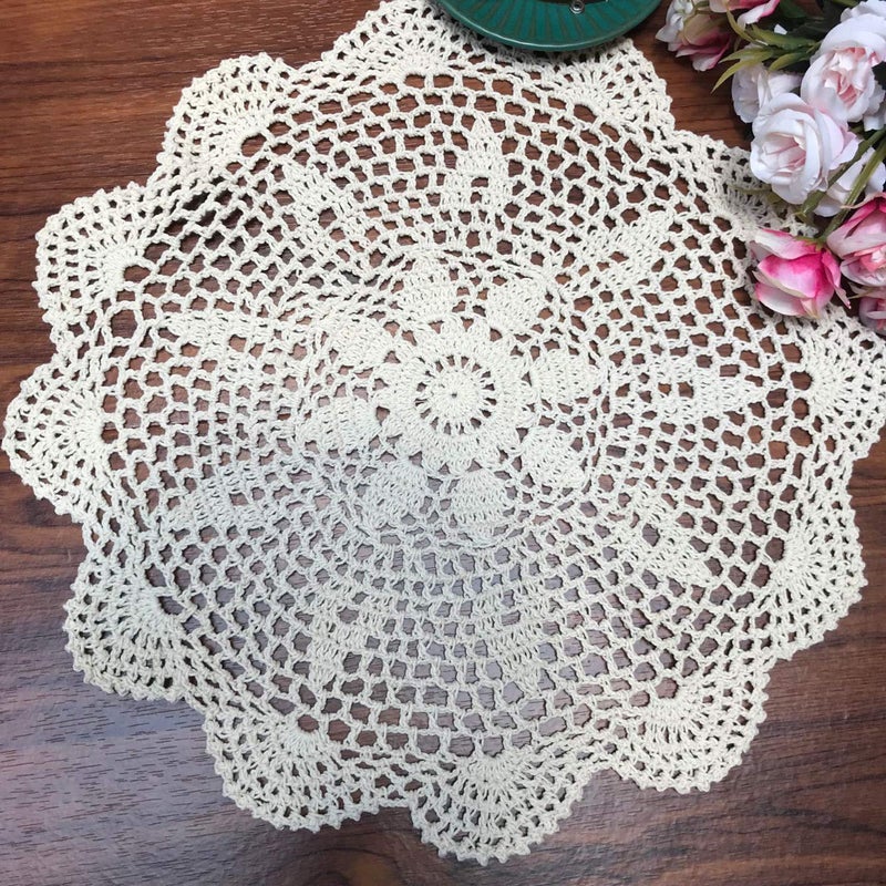 Damanni Cotton Handmade Crochet Lace Tablecloth Doilies Doily,Round,Beige,16 Inch - Image 1